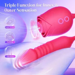 16.55'' Red Silicone Waterproof Rechargeable Rose Vibrator with 10-Mode Sucking, Thrusting & Vibrating